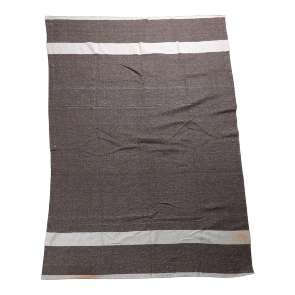 Vtg 1960s Brown White Woven Wool Color Block Stripe Throw Blanket 58 x 83